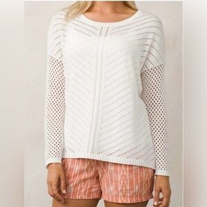 Prana Parker Organic Cotton Perforated Crochet Open Knit Sweater, White  XS